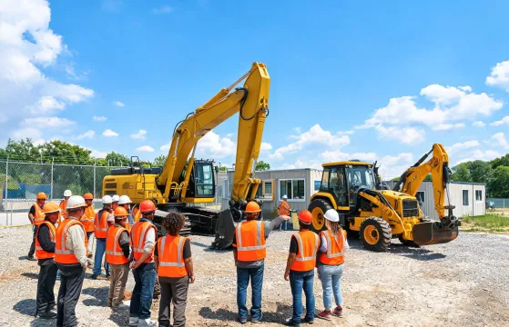 Operator trainees with excavator at training yard