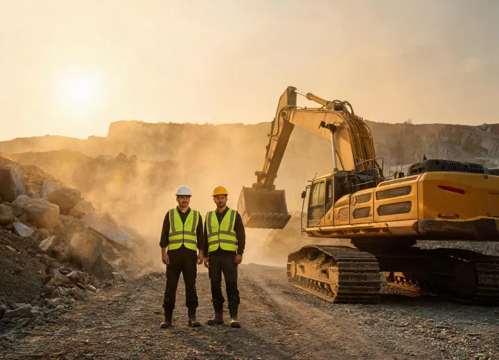 Case Construction field engineer with excavator operator on quarry haul road