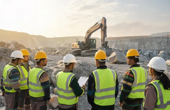 Toolbox talk at quarry with excavator backdrop