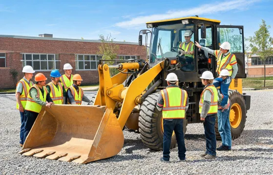 Students learning on donated wheel loader