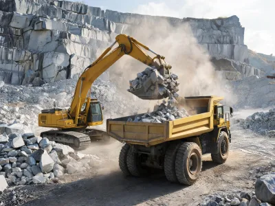 Case excavator loading haul truck at quarry