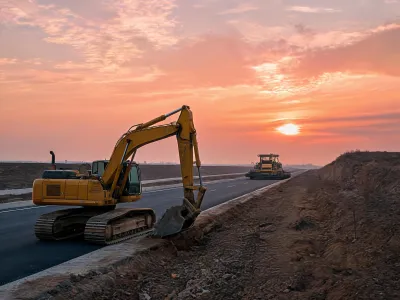 Highway shoulder cut with excavator