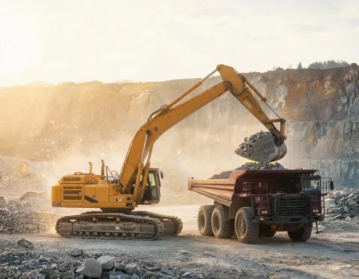 Case Construction 30-ton crawler excavator loading aggregate at quarry face