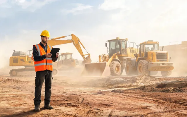 Site supervisor reviewing excavator fleet plan on tablet