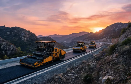 Asphalt paver convoy on mountain highway