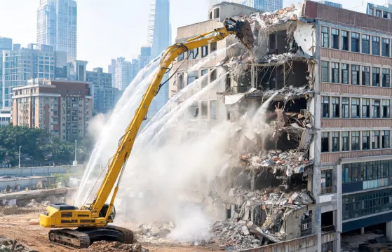 High-reach excavator on urban demolition