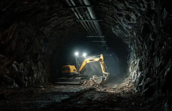 Mini excavator in underground construction drift