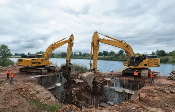 Excavators preparing bridge abutment near river
