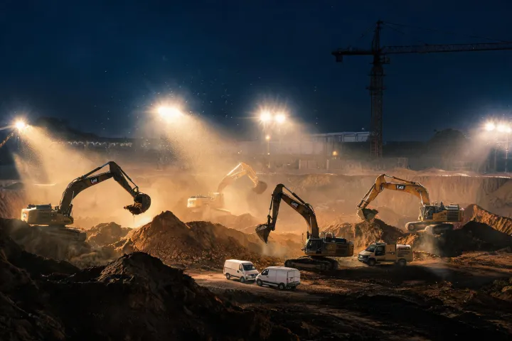 Night-shift excavator fleet beside service vans on mega-project